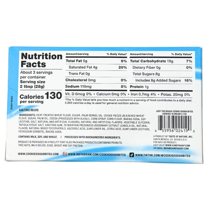 A box of Cookie Dough Bites Just the Dough – Cookies 'N Creme, featuring creamy cookie dough mixed with crunchy cookie pieces and sweet vanilla creme, ready to eat in convenient bite-sized pieces.