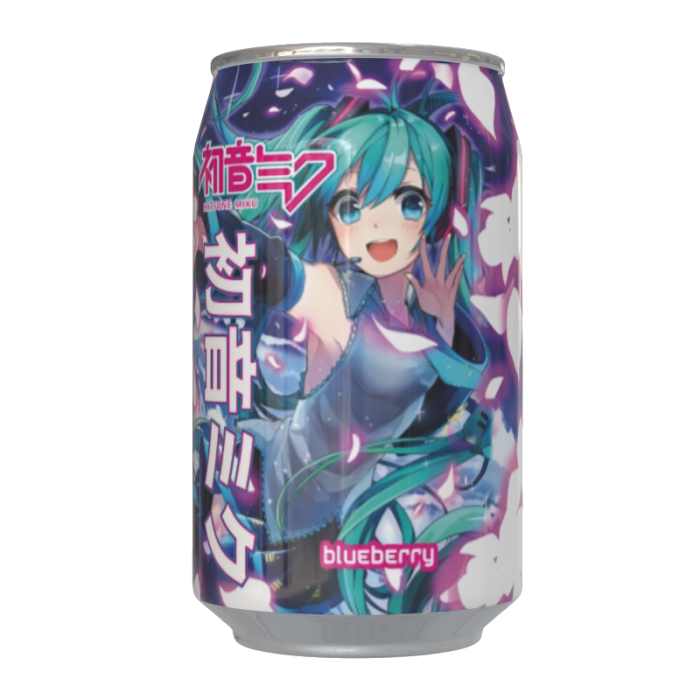 Kawaji Hatsune Miku Blueberry Flavour Soda bottle with colorful packaging featuring Hatsune Miku and vibrant blue hues, showcasing a refreshing blueberry drink.