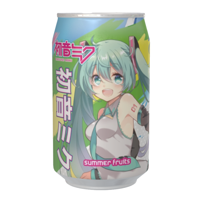 Kawaji Hatsune Miku Summer Fruits Flavour Soda bottle featuring Hatsune Miku's colorful design and a mix of summer fruit imagery, offering a refreshing fruity drink.