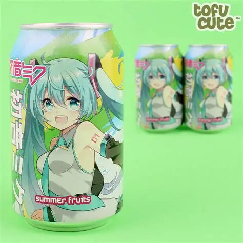 Kawaji Hatsune Miku Summer Fruits Flavour Soda bottle featuring Hatsune Miku's colorful design and a mix of summer fruit imagery, offering a refreshing fruity drink.
