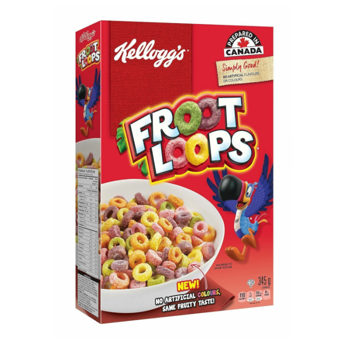 Box of Kellogg's Froot Loops (320g) with vibrant fruit-flavored cereal loops, featuring the iconic Toucan Sam mascot.