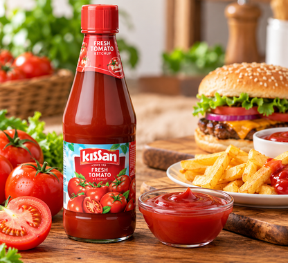 Kissan Fresh Tomato Ketchup 500g bottle displayed beside a bowl of tomato ketchup, golden French fries, a burger and fresh whole and sliced tomatoes on a rustic wooden table.
