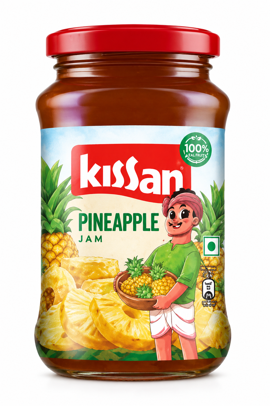 Kissan Pineapple Jam 500g glass jar featuring a red screw-top lid, brown glass container and colourful cream and green label with the Kissan branding, pineapple illustrations and pineapple jam product name, displayed against a clean white background for an online grocery store product listing.