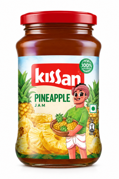 Kissan Pineapple Jam 500g glass jar featuring a red screw-top lid, brown glass container and colourful cream and green label with the Kissan branding, pineapple illustrations and pineapple jam product name, displayed against a clean white background for an online grocery store product listing.