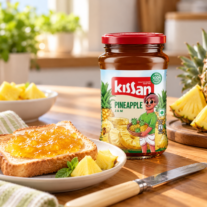 Kissan Pineapple Jam 500g jar displayed on a wooden kitchen table beside golden toast spread with pineapple jam, fresh pineapple pieces and a bowl of pineapple chunks in a bright, sunlit breakfast setting.