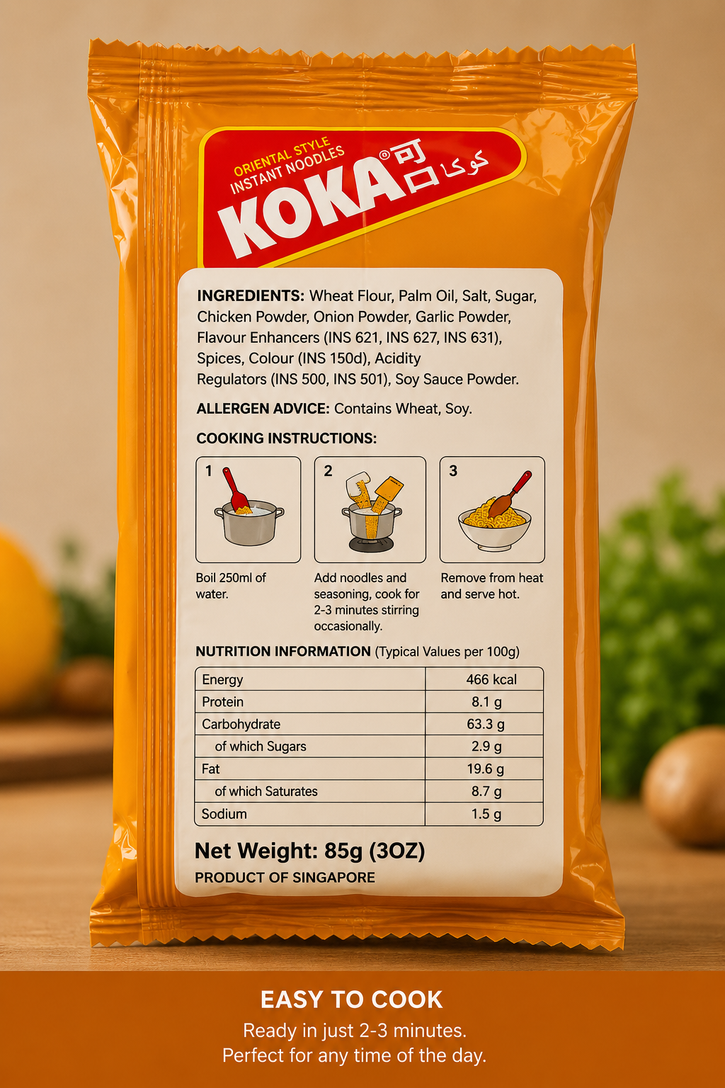 KOKA Chicken Flavour Instant Noodles 85g back packaging displaying ingredients, nutritional values and easy 3-step cooking instructions.