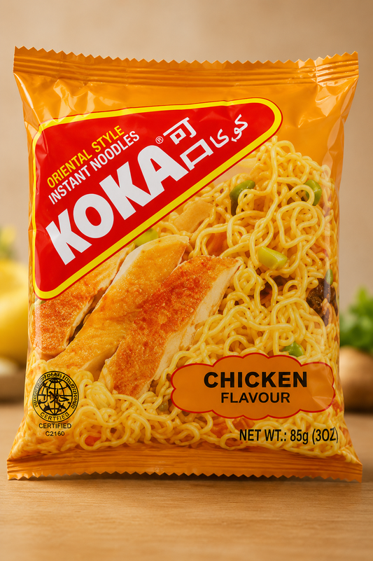 KOKA Chicken Flavour Oriental Style Instant Noodles 85g front packaging, authentic Singapore-style instant noodles with delicious chicken flavour.