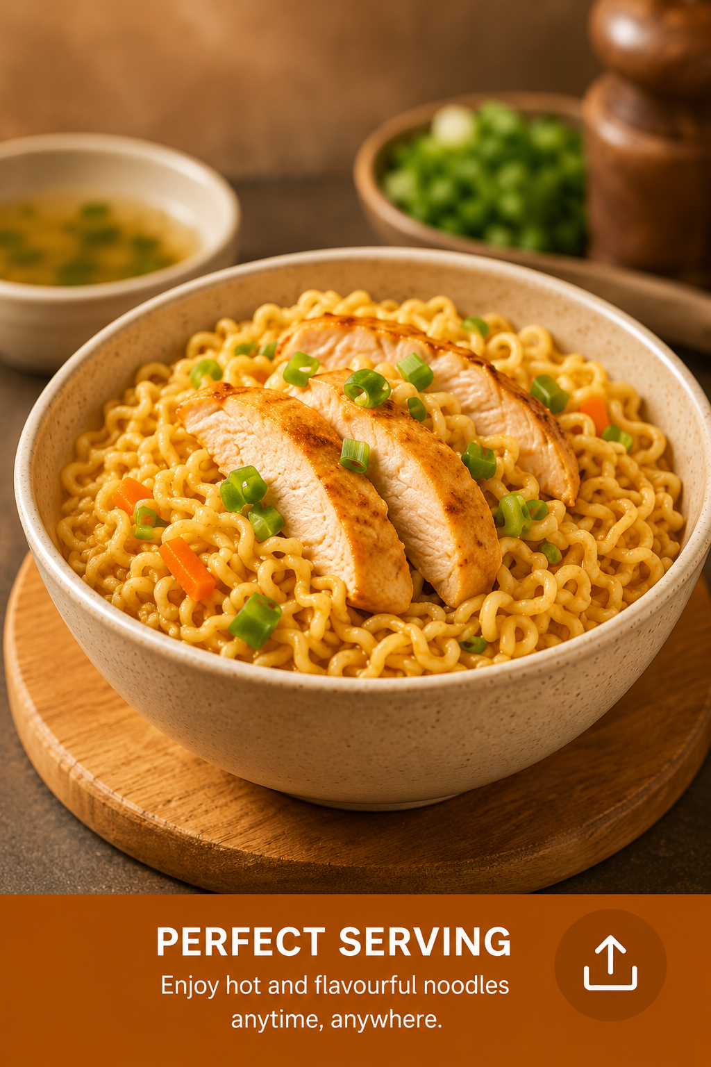 Bowl of KOKA Chicken Flavour Instant Noodles topped with grilled chicken slices and spring onions, served hot as a quick and tasty meal.
