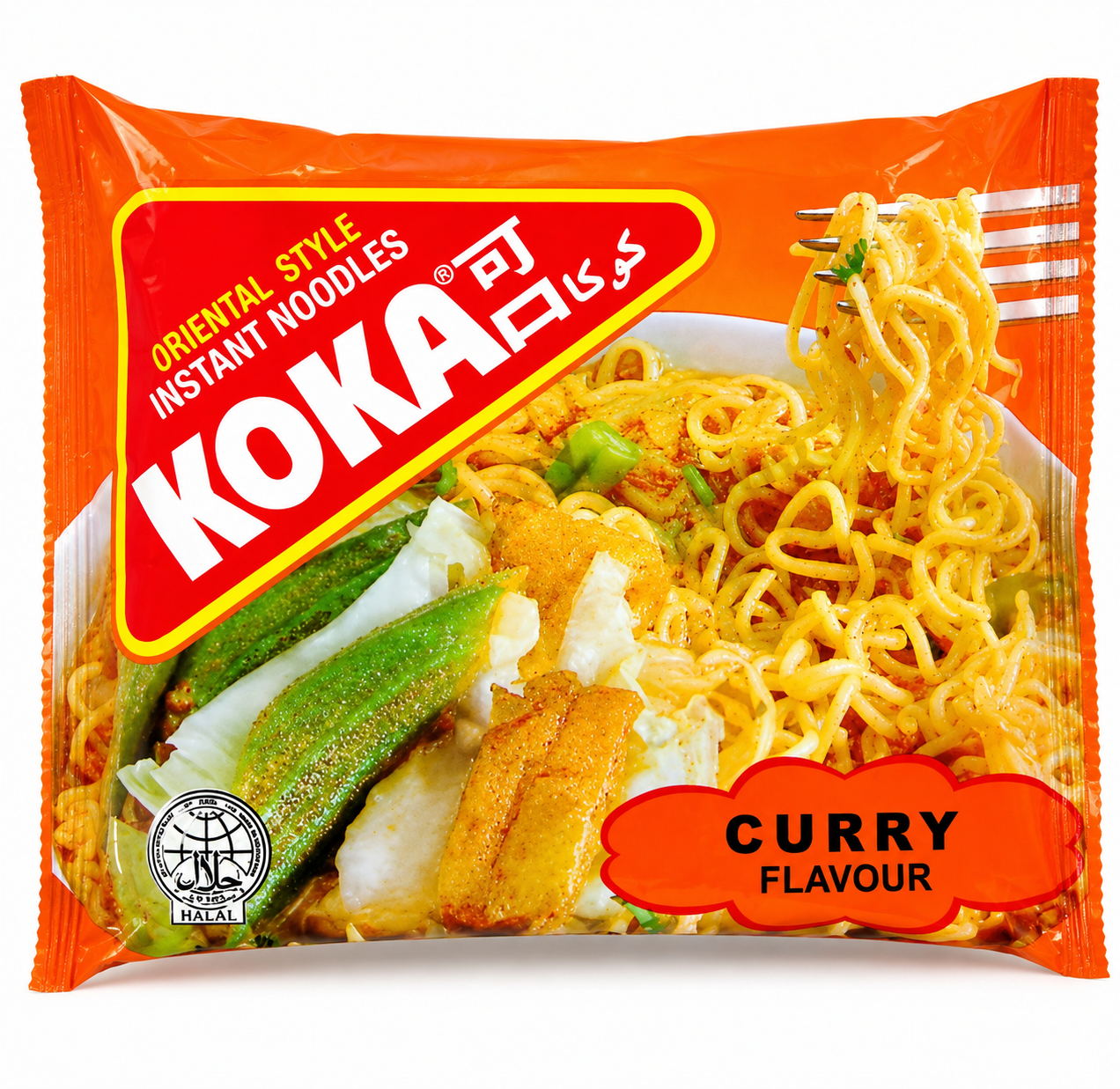 Koka Curry Flavour Oriental Style Instant Noodles 85g packet front view in original orange packaging.