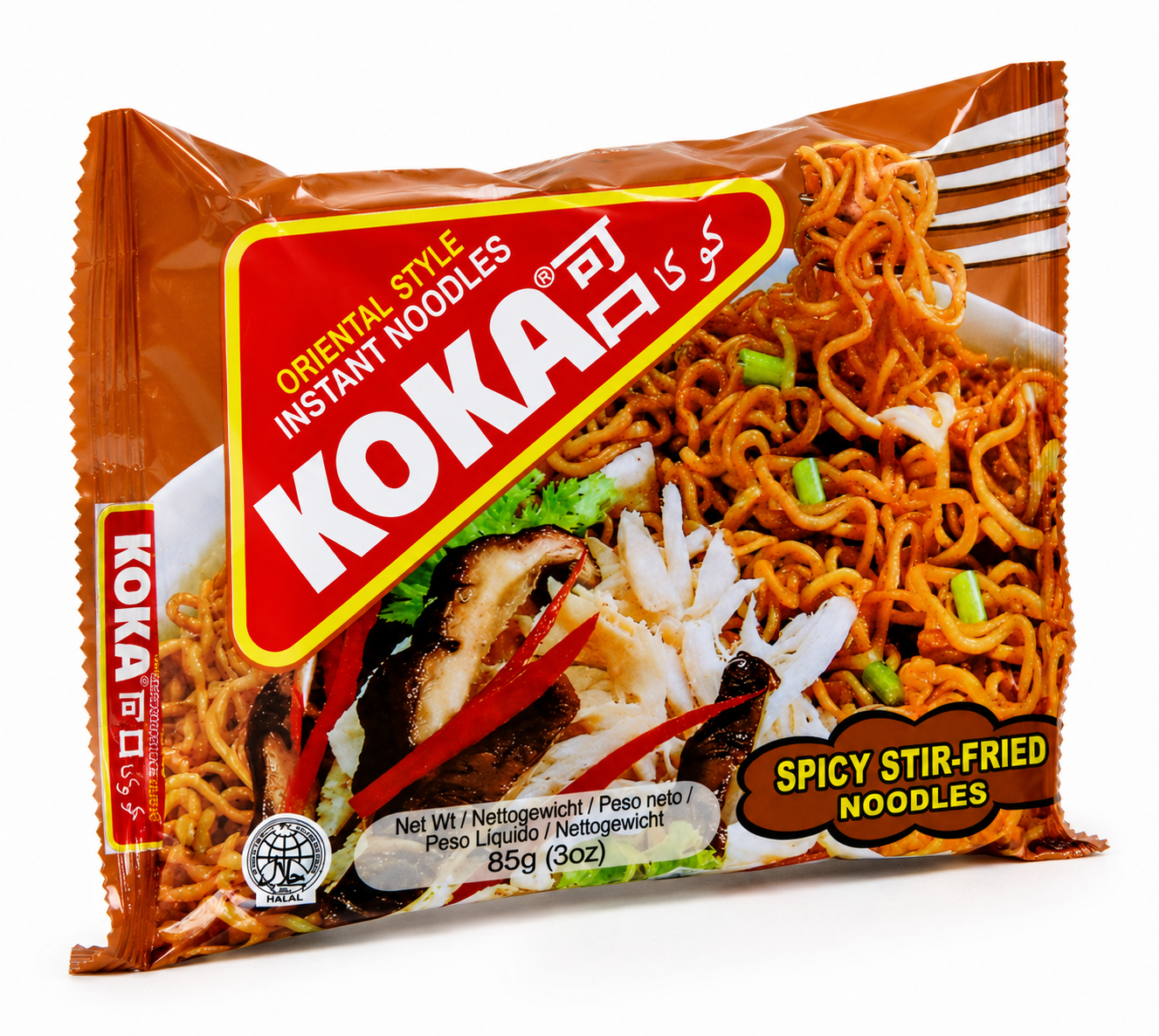 Angled view of Koka Spicy Stir-Fried Instant Noodles 85g showing premium Oriental Style instant noodle packaging.