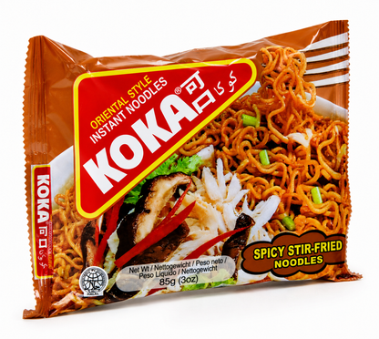 Angled view of Koka Spicy Stir-Fried Instant Noodles 85g showing premium Oriental Style instant noodle packaging.
