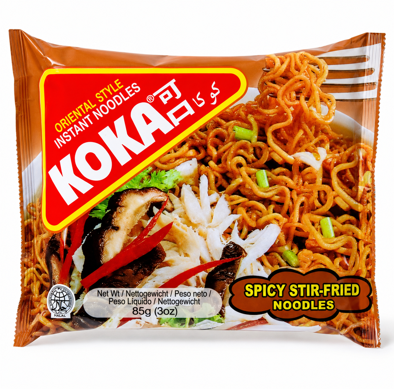 Koka Spicy Stir-Fried Instant Noodles 85g packet front view, Oriental Style instant noodles in original packaging.