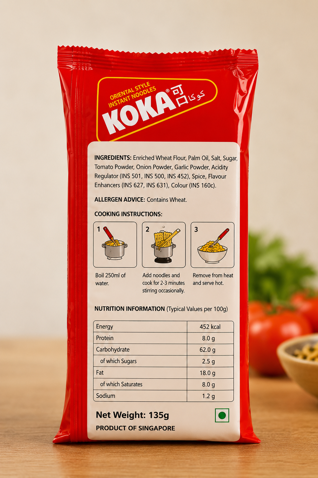 KOKA Tomato Flavour Instant Noodles 135g back packaging showing ingredients, nutritional information and easy 3-step cooking instructions.
