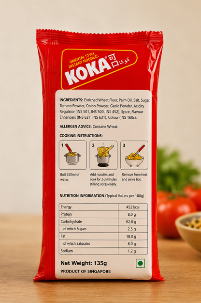KOKA Tomato Flavour Instant Noodles 135g back packaging showing ingredients, nutritional information and easy 3-step cooking instructions.