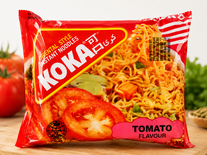 KOKA Tomato Flavour Oriental Style Instant Noodles 135g front packaging, authentic Singapore-style instant noodles with rich tomato flavour.