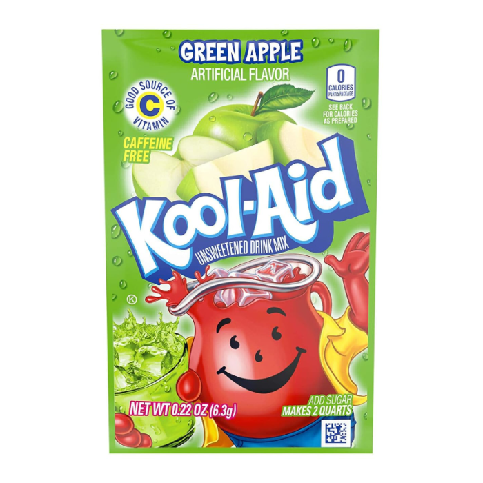 Kool-Aid Green Apple Unsweetened Drink Mix (0.22oz) – Convenient packet for a refreshing, sugar-free green apple beverage.
