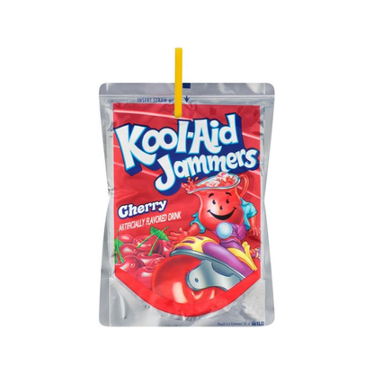 Kool-Aid Jammers Cherry 6fl oz (177ml) pouch showing bright cherry flavour design and straw attachment