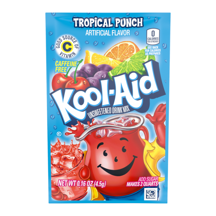 Kool-Aid Tropical Punch Drink Mix (0.16oz) – Convenient single-serve packet for a sweet, fruity tropical punch flavor.