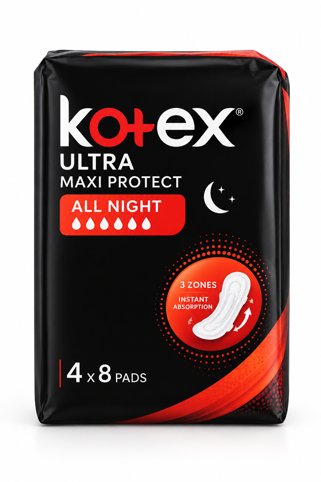 Kotex Ultra Maxi Protect All Night sanitary pads with 3-zone instant absorption technology, black and red packaging, pack of 8 pads.