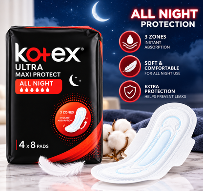 Kotex Ultra Maxi Protect All Night sanitary pads with 3-zone instant absorption, soft comfort design and extra leak protection, featuring black and red packaging.