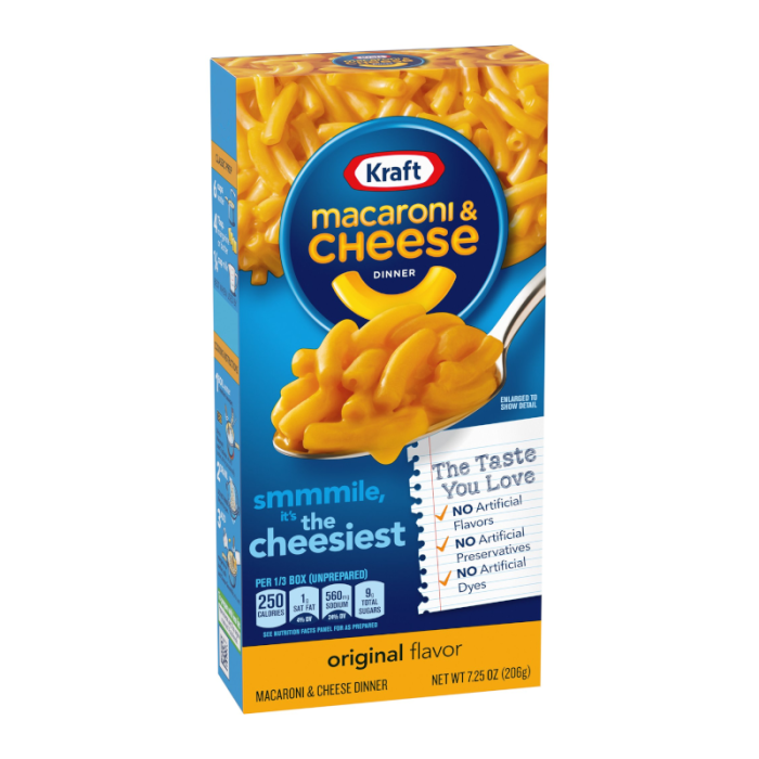 Kraft Macaroni & Cheese Original boxed pasta meal on store shelf