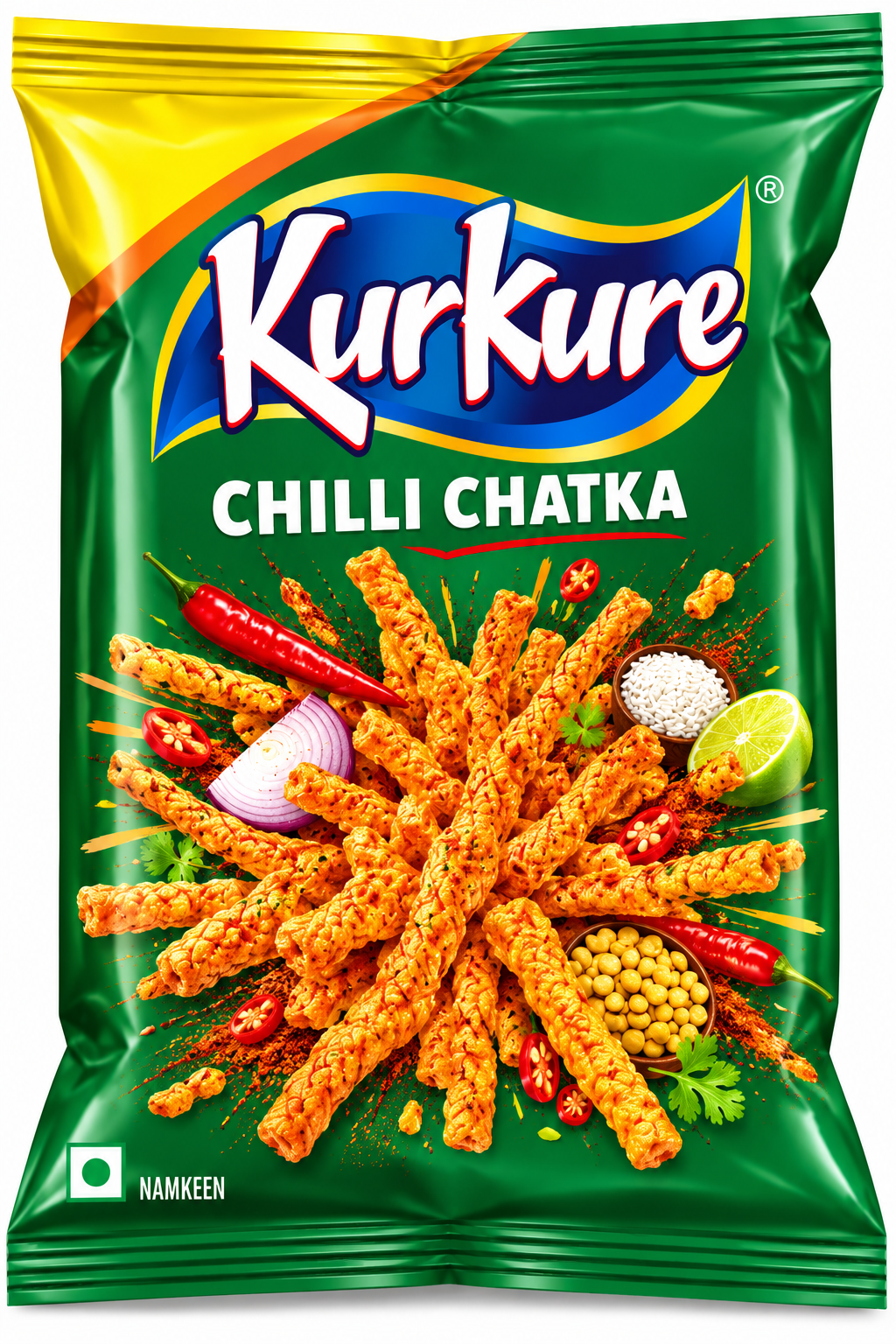 Kurkure Chilli Chatka 90g snack packet featuring green and yellow packaging, Kurkure branding, and spicy crunchy corn sticks with red chillies, lime, onion, and seasoning.