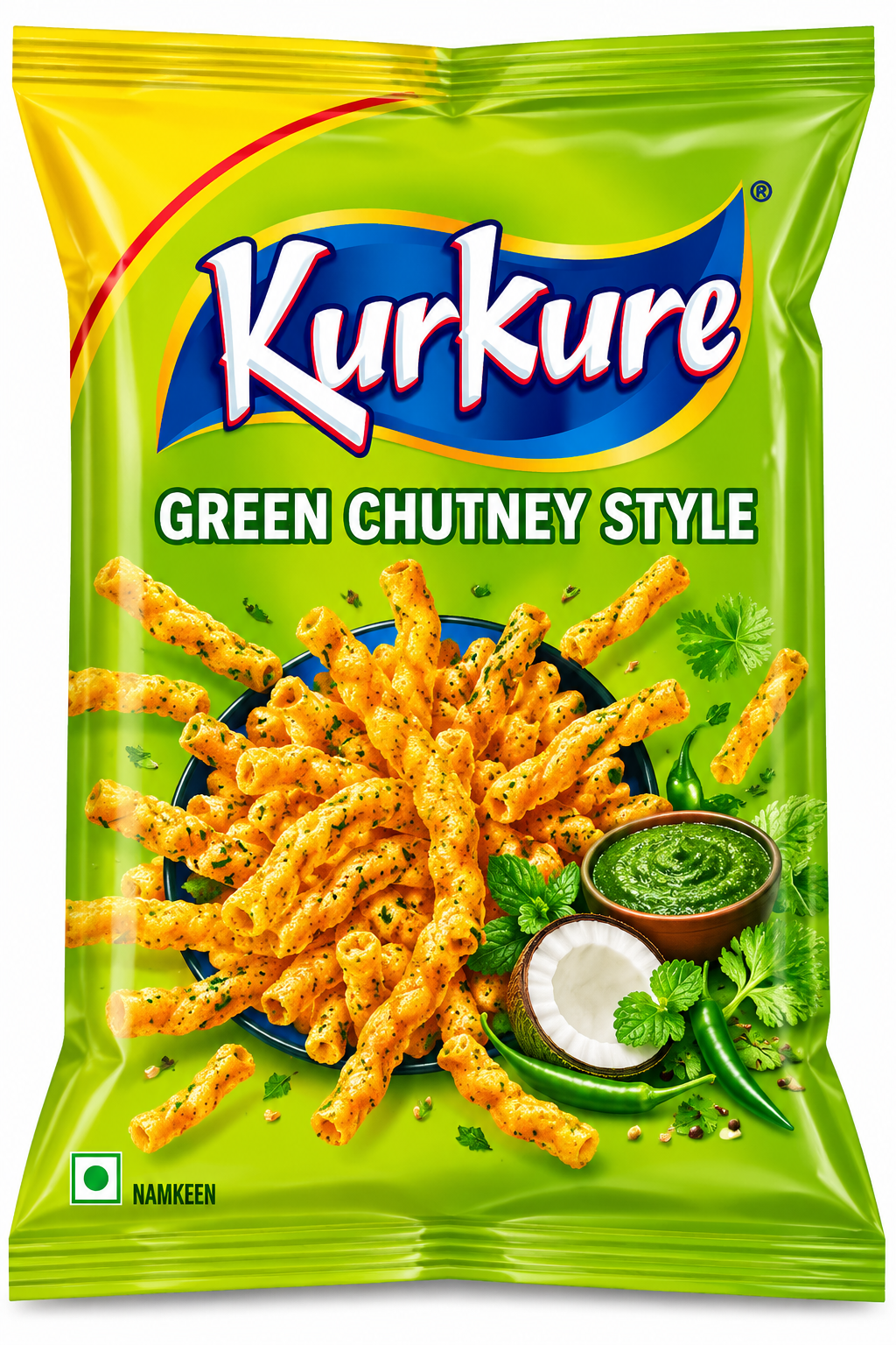 Kurkure Green Chutney 90g snack packet featuring bright green and yellow packaging, Kurkure branding, crunchy seasoned corn puffs, green chutney, fresh mint, coriander, and green chillies.