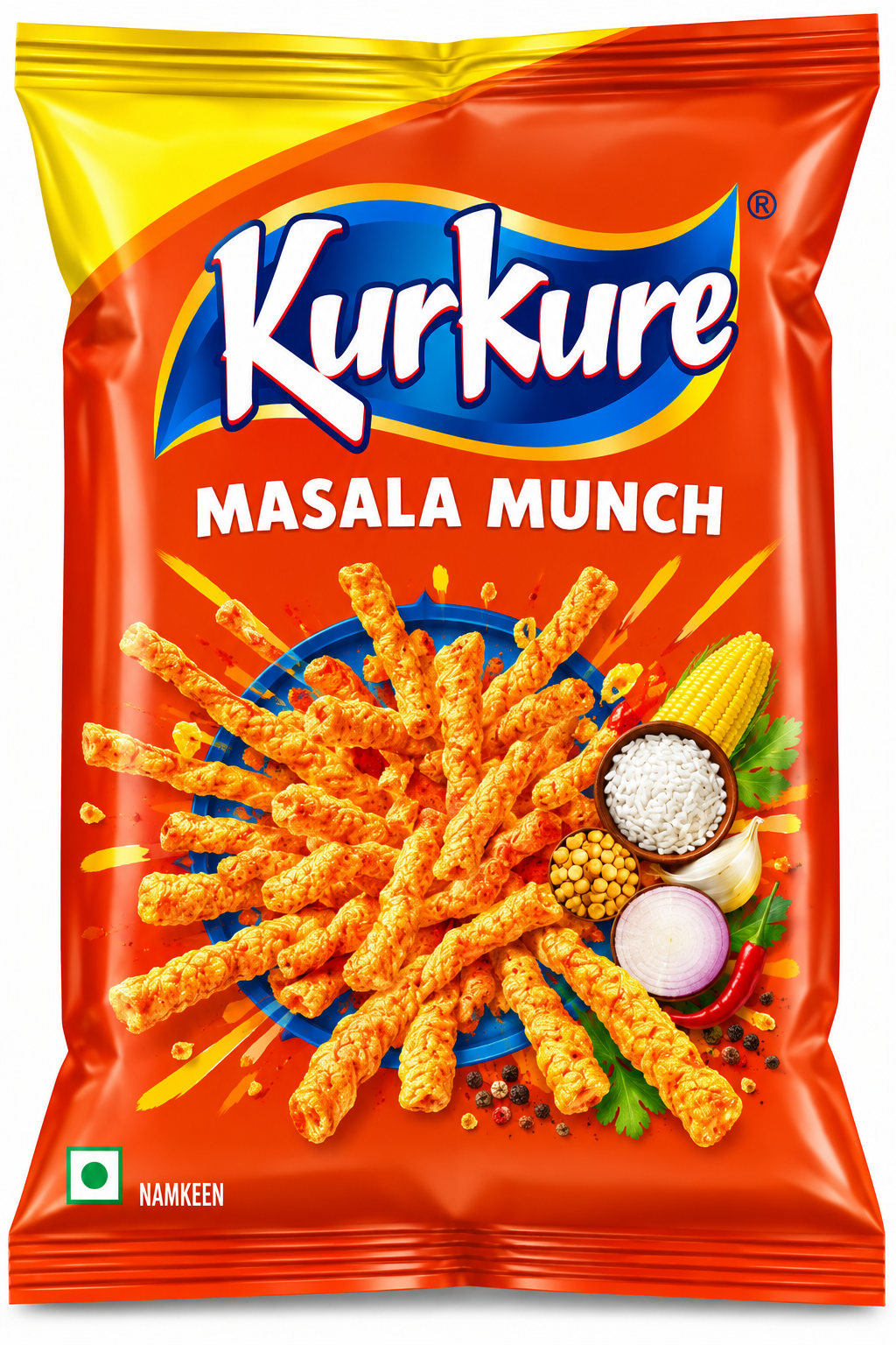 Kurkure Masala Munch 90g snack packet featuring orange and yellow packaging, Kurkure branding, and crunchy twisted corn snacks coated with spicy masala seasoning.