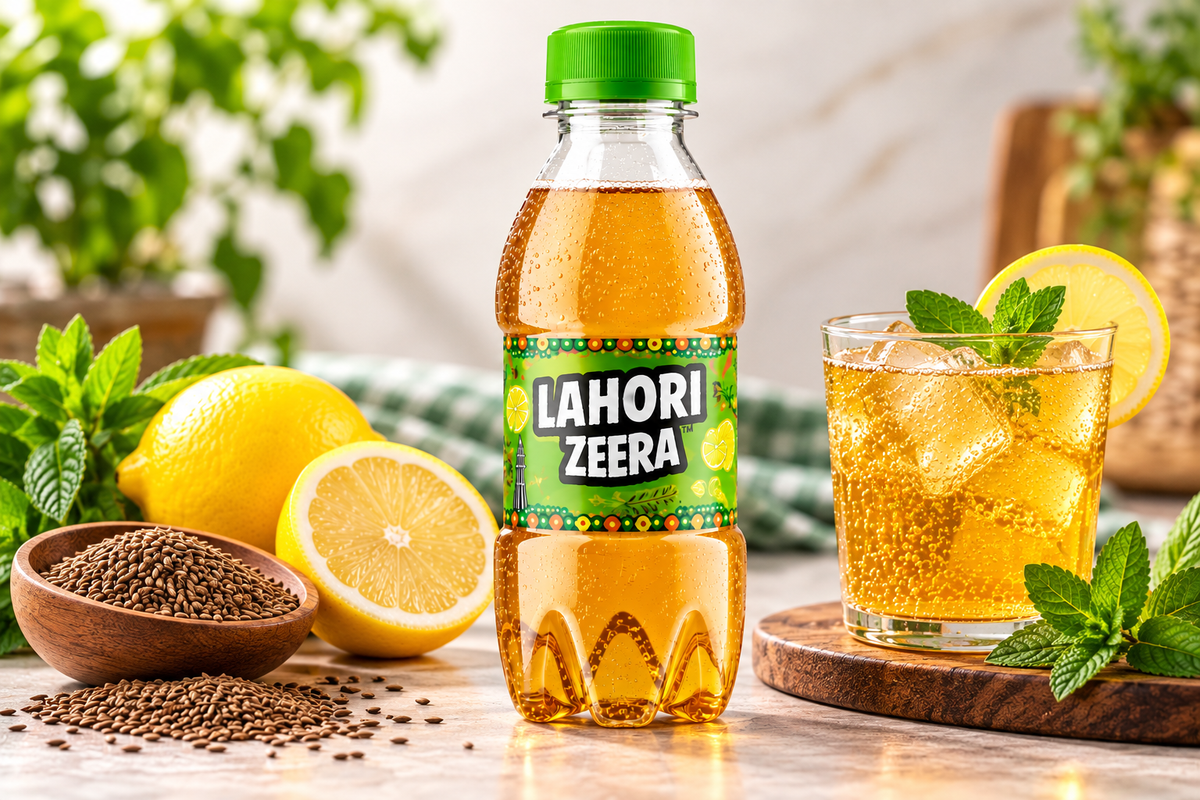 Lahori Zeera 160ml Carbonated Cumin Flavoured Soft Drink Bottle Displayed with Fresh Lemons, Mint Leaves and Cumin Seeds