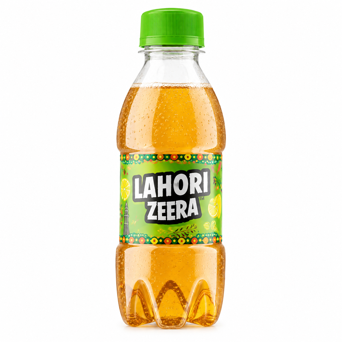 Lahori Zeera Cumin Flavoured Fizzy Soft Drink 160ml Bottle with Green Cap and Original Green Label on a White Background