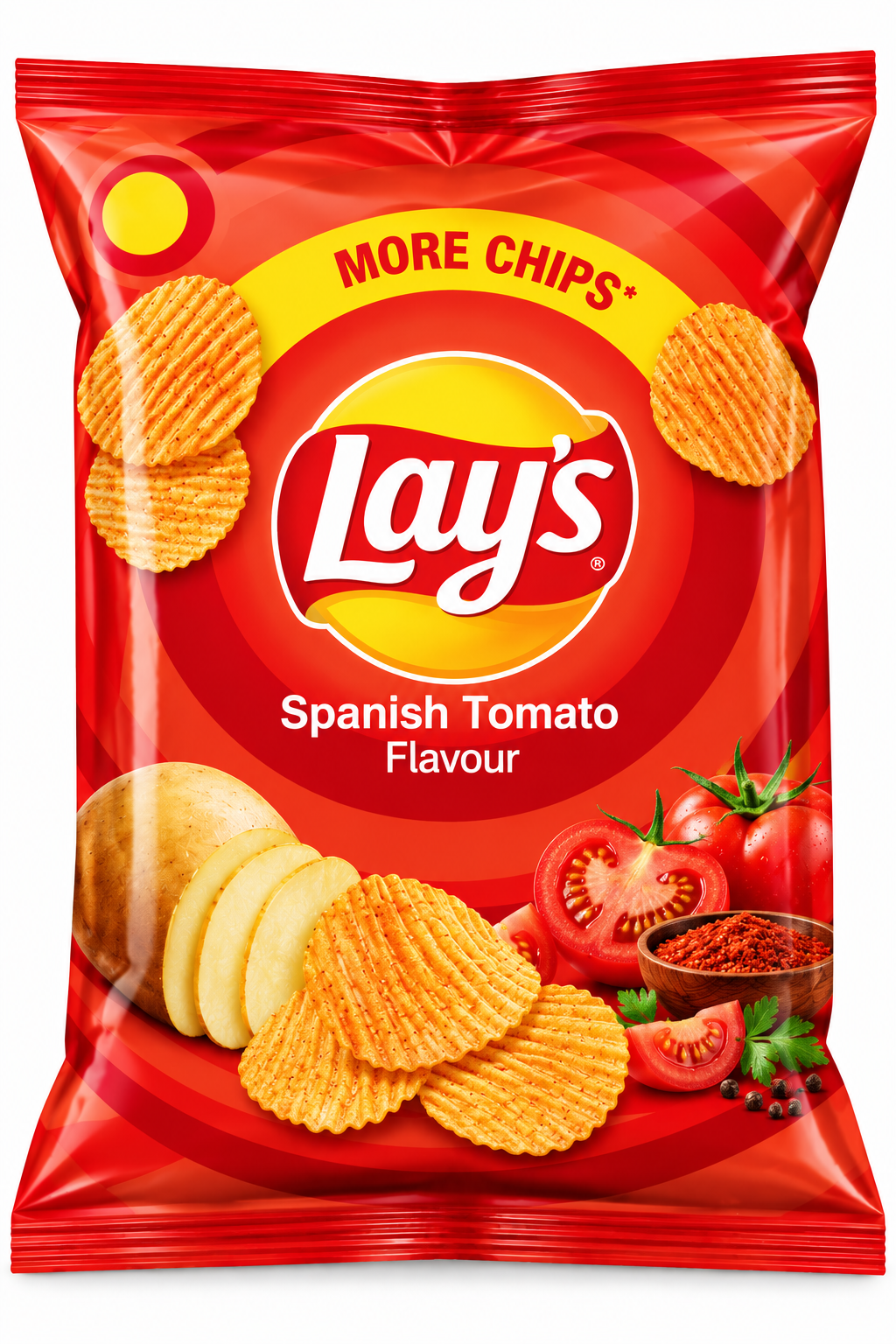Lay’s Spanish Tomato 52g potato chips packet featuring red packaging, Lay’s branding, crispy potato chips, fresh tomatoes, sliced potatoes, and tomato seasoning.