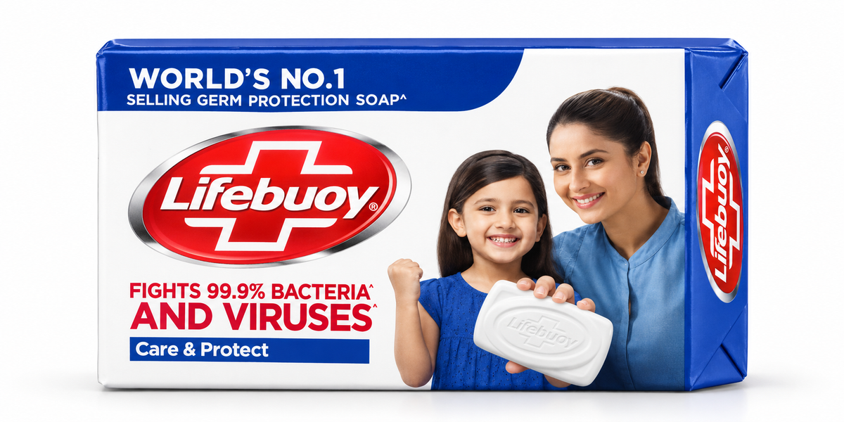 Lifebuoy Care & Protect Soap 123g pack featuring the red Lifebuoy logo, blue and white packaging, and an image of a woman and child holding a soap bar, displayed against a clean white background.