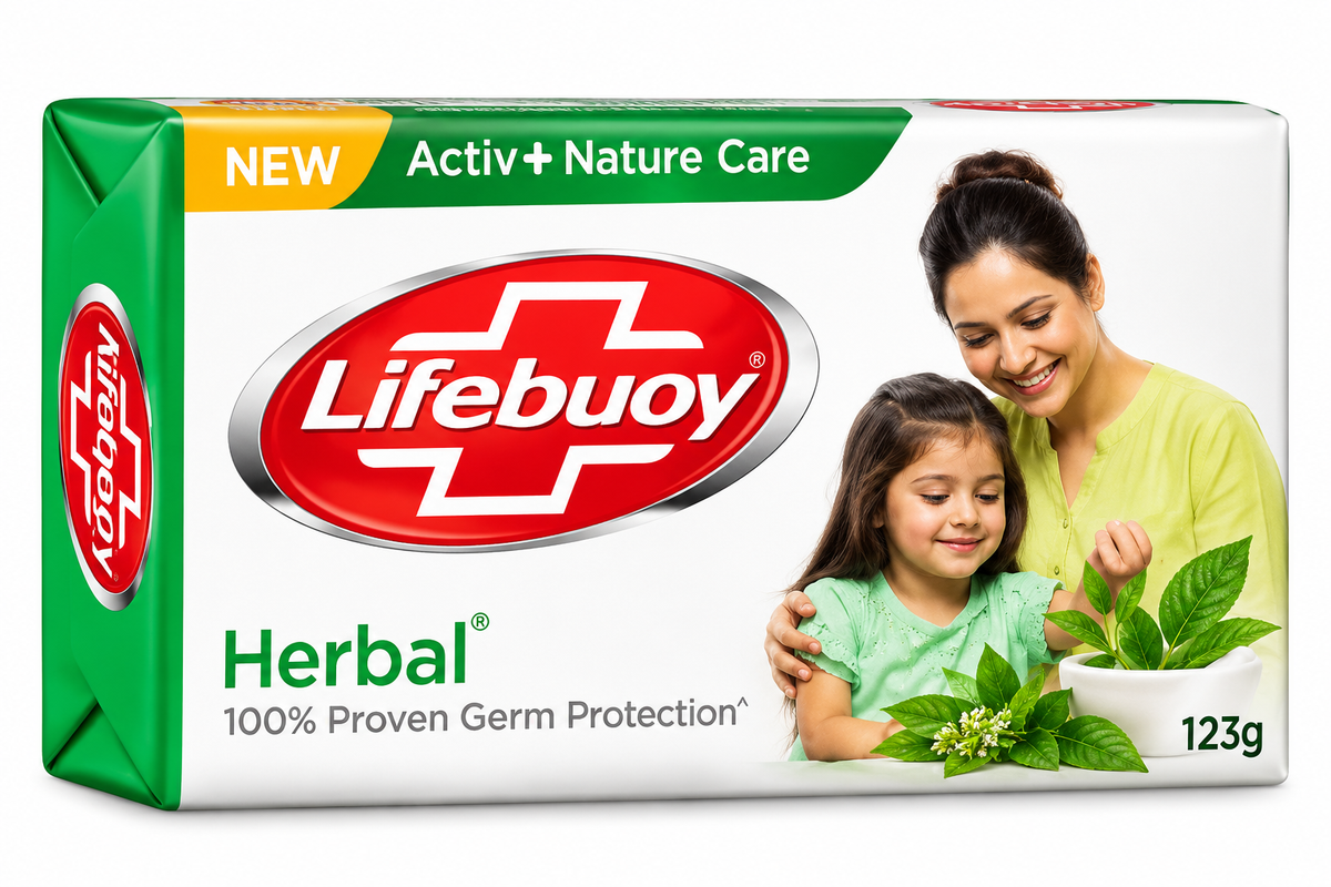 Lifebuoy Herbal Soap 123g featuring a rectangular white soap wrapper with vibrant green side panels, a yellow NEW label, the iconic red Lifebuoy logo, and bold green Herbal branding. The packaging displays Activ+ Nature Care and 100% Proven Germ Protection messaging, alongside a mother and child illustration, fresh green herbal leaves, and botanical imagery. Displayed against a clean white background, showcasing Lifebuoy herbal bathing soap for everyday personal hygiene and family cleansing.
