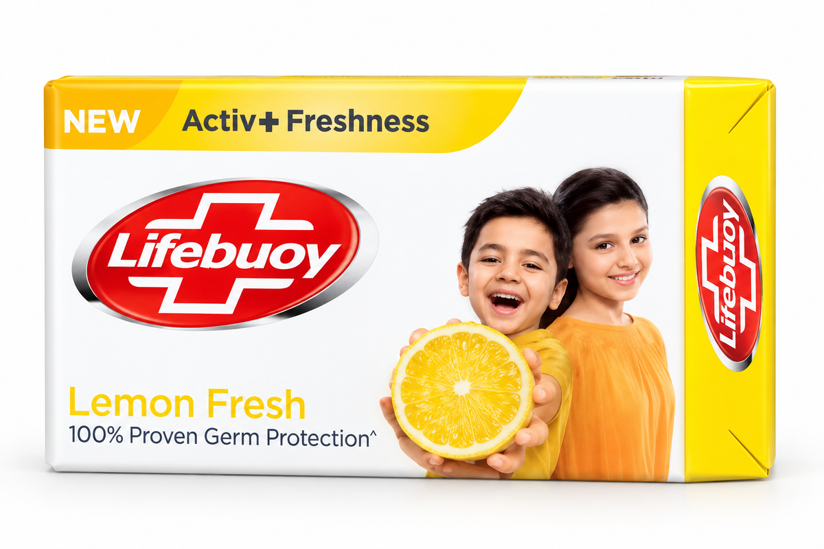 Lifebuoy Lemon Fresh Soap 123g box featuring white and yellow packaging, red Lifebuoy logo, lemon imagery, smiling children and Activ+ Freshness branding.