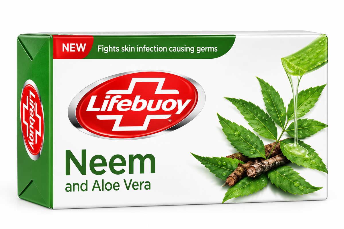 Lifebuoy Neem and Aloe Vera Soap 123g in white and green packaging with the red Lifebuoy logo, green neem leaves, aloe vera imagery, and a red “NEW” label, displayed against a clean white background.