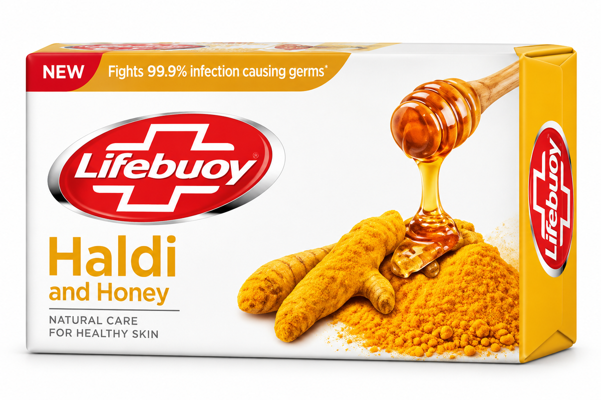 Lifebuoy Haldi and Honey Turmeric Soap 123g in white and yellow packaging with the red Lifebuoy logo, turmeric roots, turmeric powder and honey imagery.