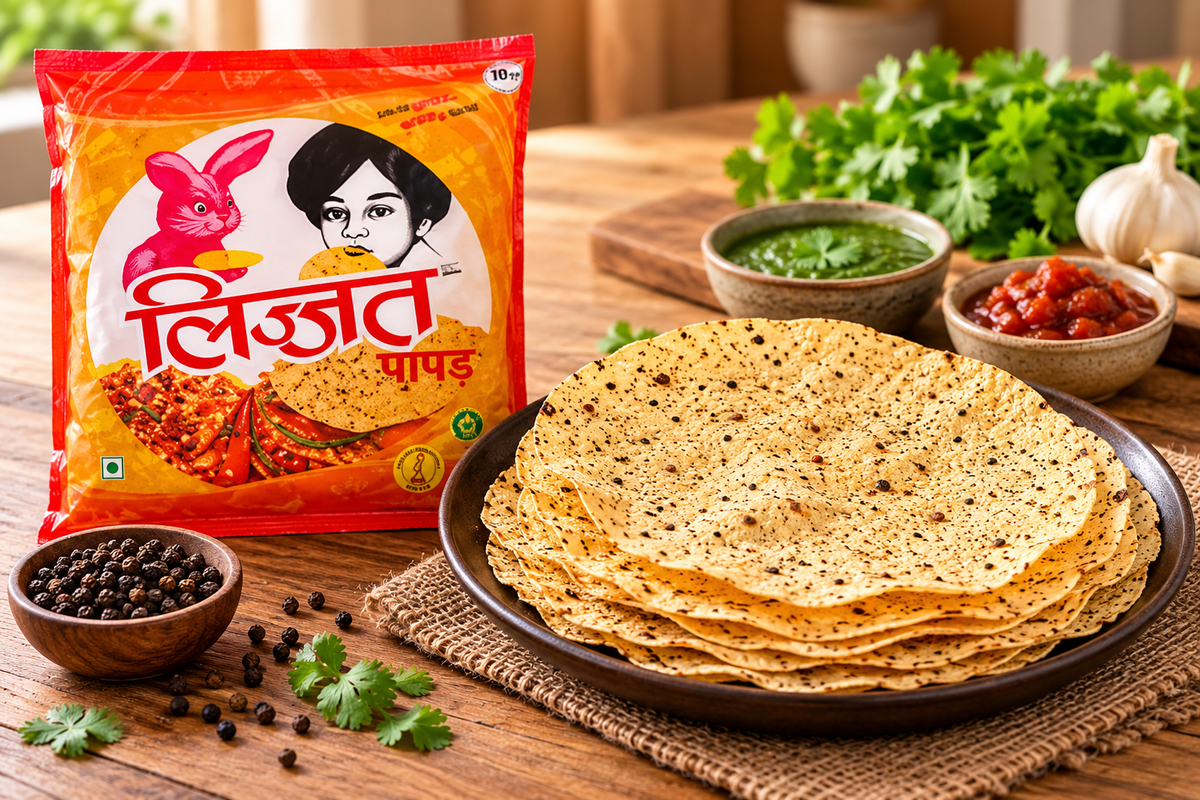 Lijjat Black Pepper Poppadoms served on a plate with green and red chutneys, showcasing crispy Indian papad seasoned with black pepper.