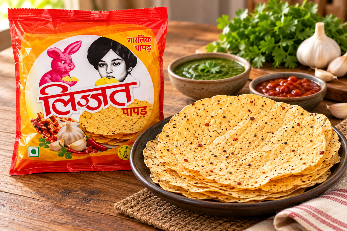 Lijjat Garlic Pappadoms served on a plate with green and red chutneys, featuring crispy garlic-flavoured Indian papad for snacks and meals.