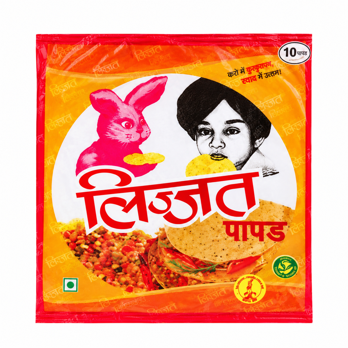 Lijjat Original Papad packet featuring orange and yellow packaging with the iconic pink rabbit and girl illustration on a white background.