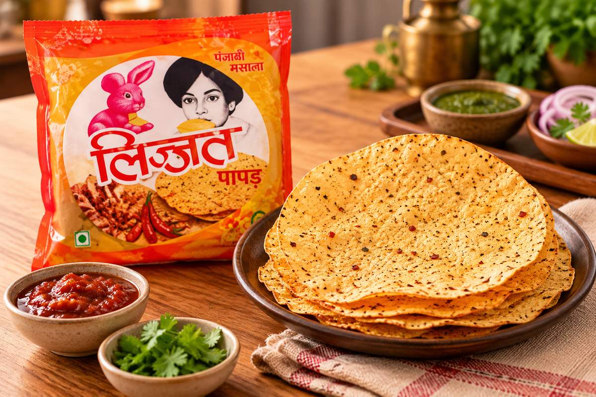 Lijjat Punjabi Masala Poppadoms served on a plate with red and green chutneys, showcasing crispy Indian spiced papad for snacks and meals.