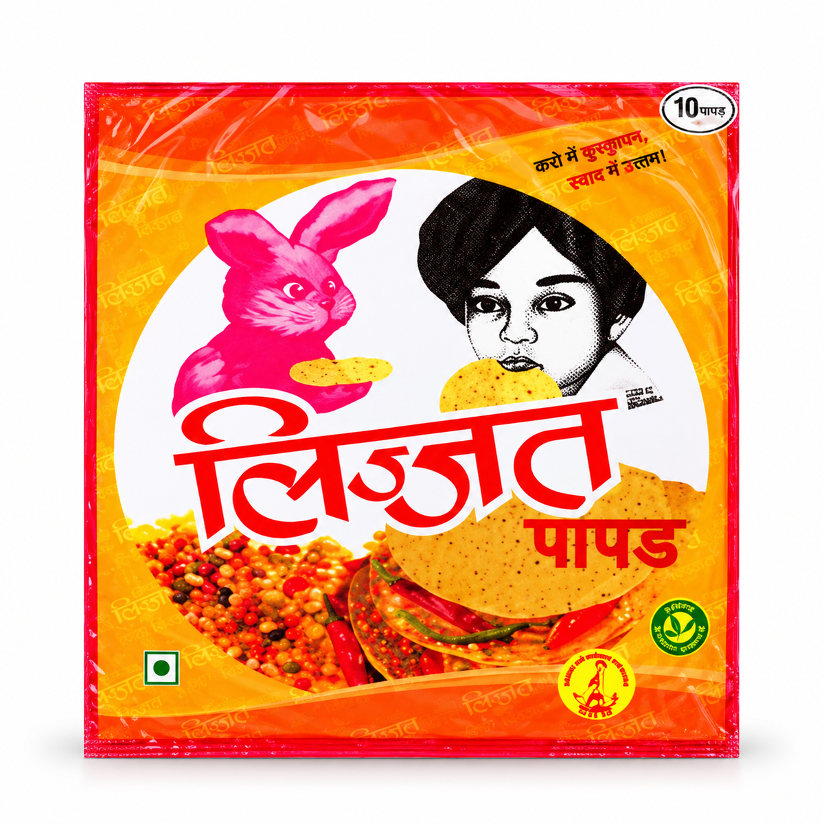 Lijjat Zeera Pappadoms packet featuring orange and yellow packaging with the iconic pink rabbit and girl illustration.