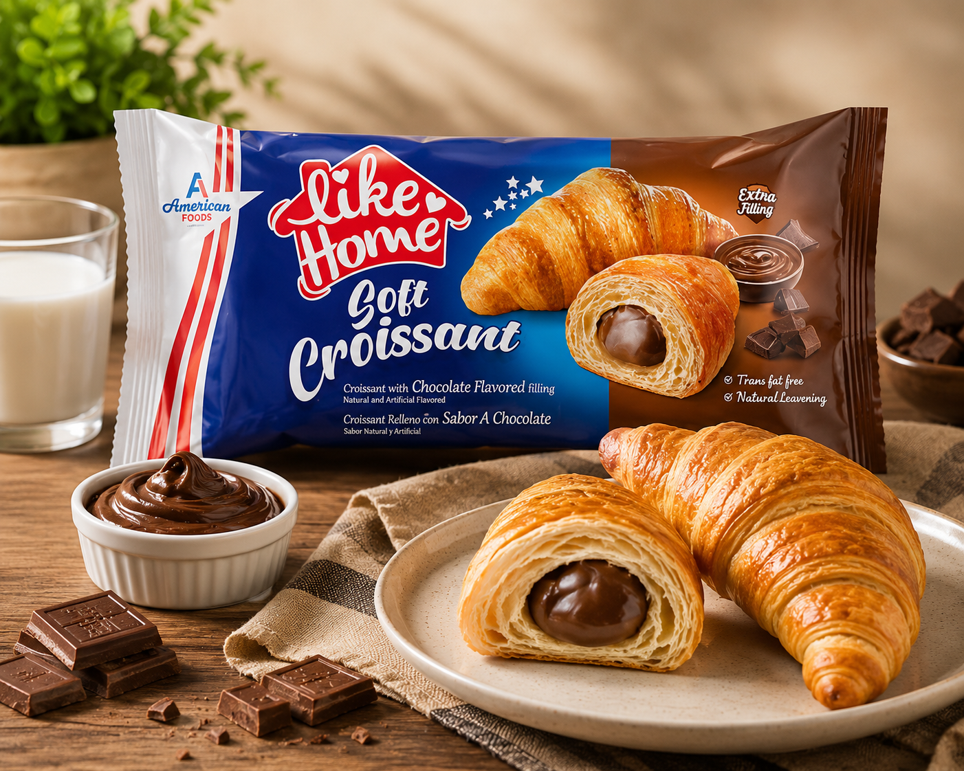 A package of Like Home Soft Croissant cookies with chocolate-flavored mix is shown on a wooden table with two croissants on a plate, chocolate pieces, a small bowl of chocolate spread, and a glass of milk.