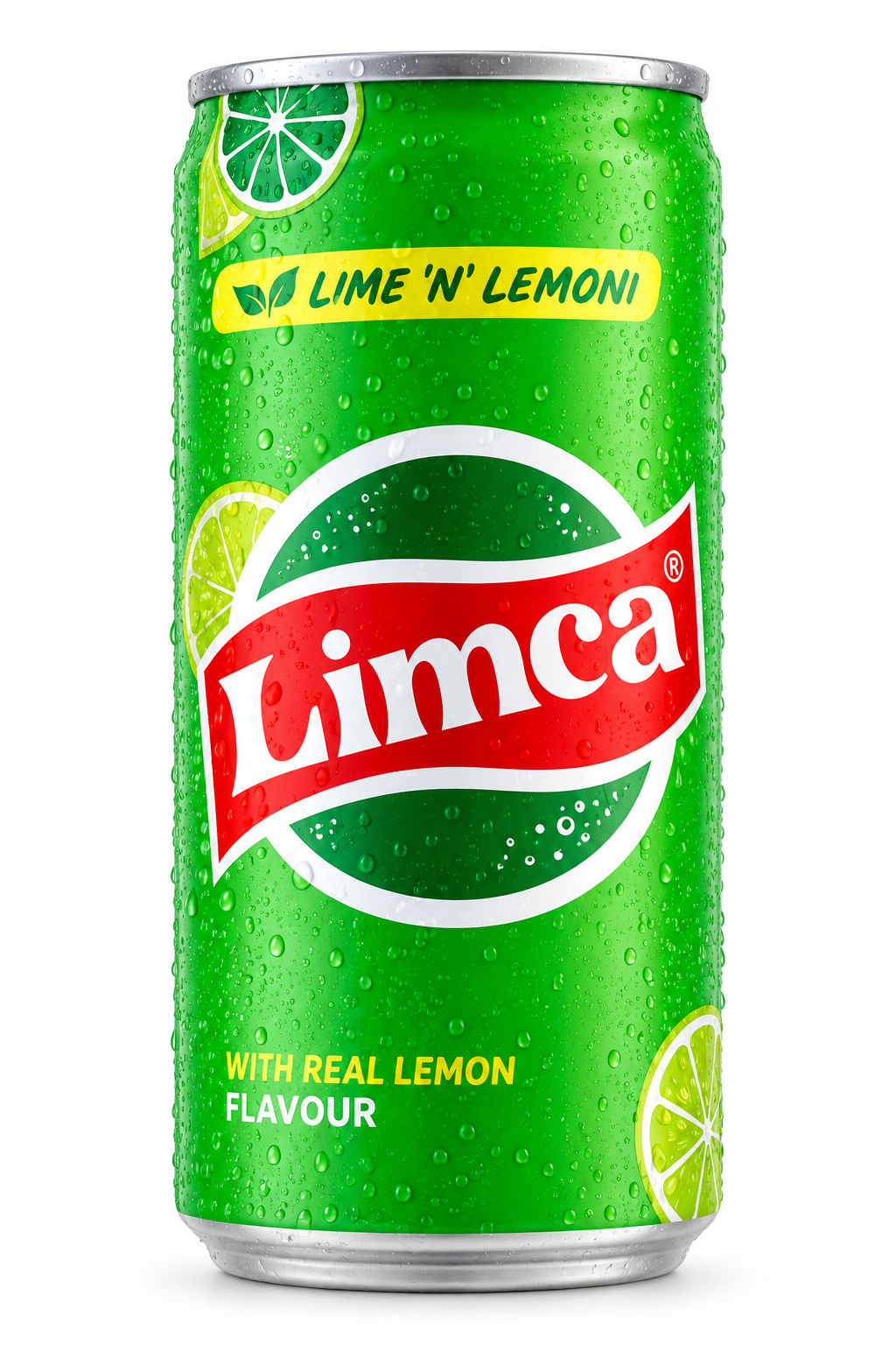 Limca Lemon-Lime Soda 300ml aluminium can featuring bright green packaging, silver top and bottom, red and white Limca logo, fresh lime slice graphics, and lemon-lime flavour branding.