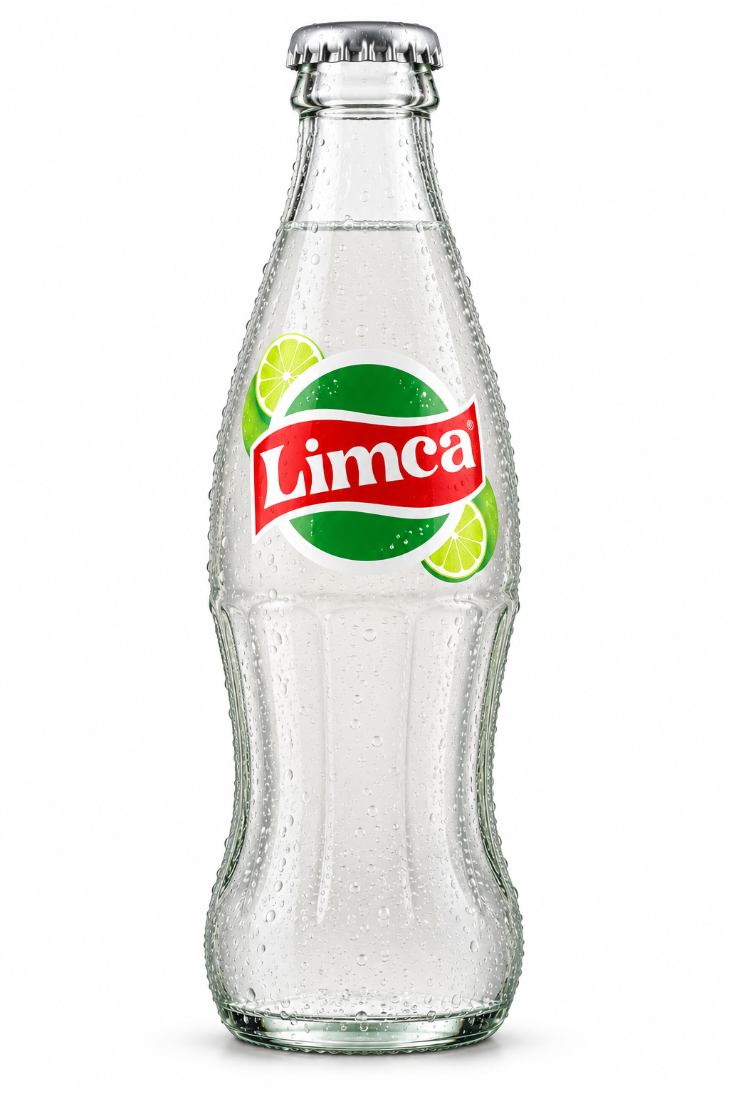 Limca Lemon-Lime Soda 200ml glass bottle featuring a silver crown cap, clear contoured glass, green and red Limca label, fresh lime slice illustrations, and a refreshing sparkling drink.