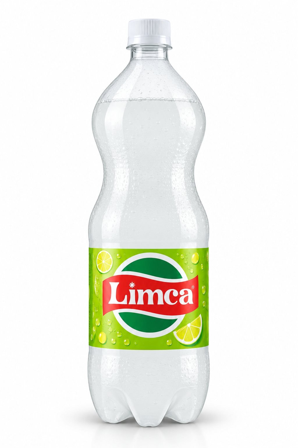 Limca Lemon-Lime Soda 1 litre plastic bottle featuring a green cap, clear bottle filled with refreshing lemon-lime drink, green and red Limca branding, and fresh lime illustrations.