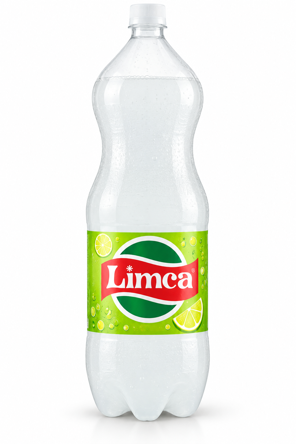 Limca lemon-lime carbonated soft drink 2L plastic bottle featuring a green label with red Limca branding, lemon slices, and a white screw cap.