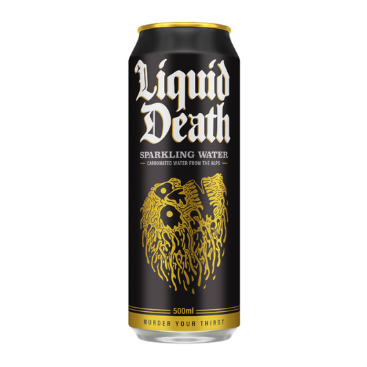 Liquid Death Sparkling Water 500 ml can, crisp carbonated mountain water in a bold, edgy design.