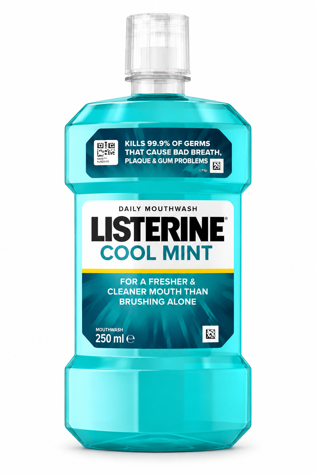Listerine Cool Mint Mouthwash 250ml turquoise plastic bottle with a clear cap, dark teal label, bold Listerine branding and yellow accent line.