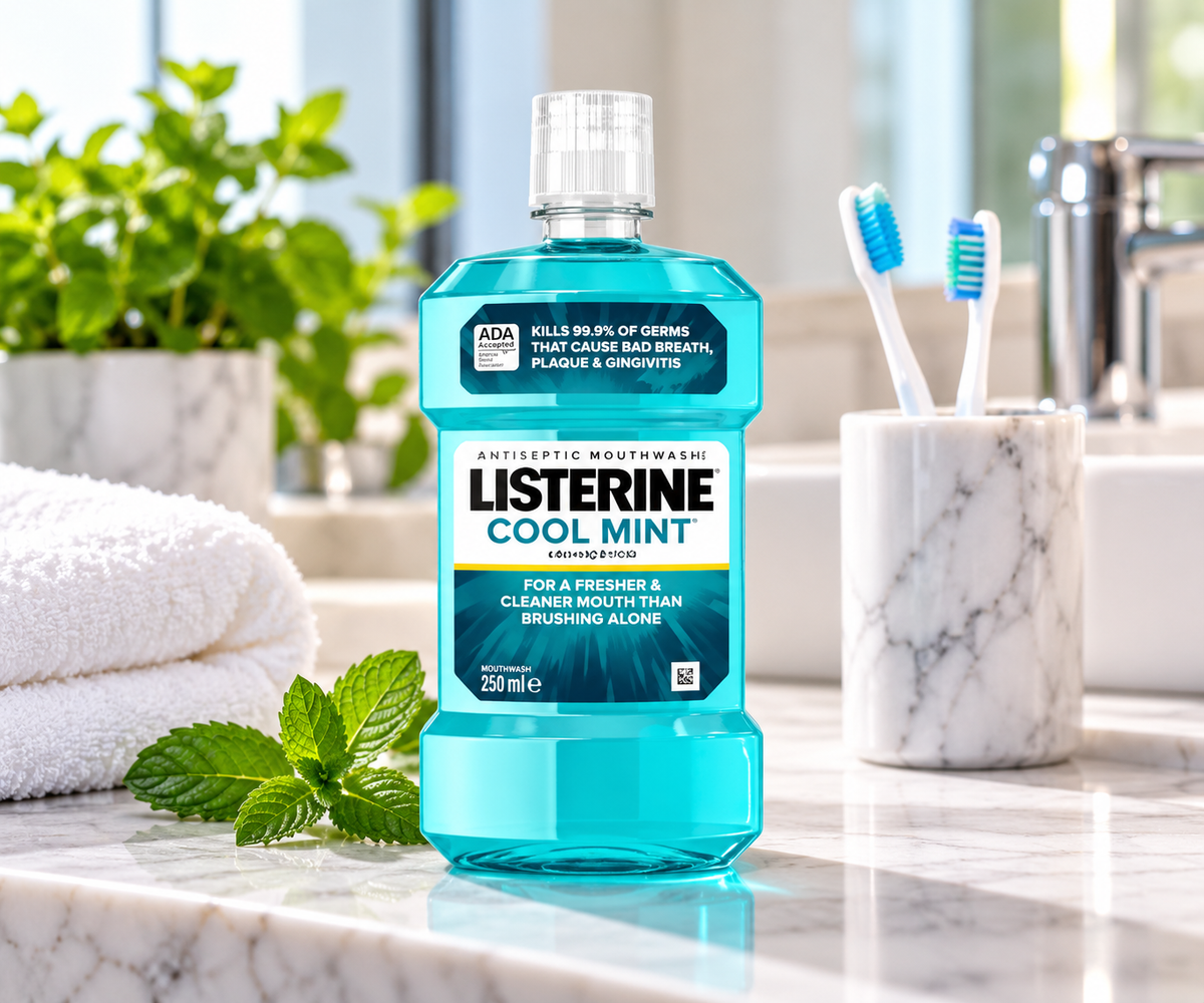 Listerine Cool Mint Mouthwash 250ml turquoise bottle displayed on a marble bathroom countertop with fresh mint leaves, folded white towels, toothbrushes and a clean modern bathroom background.