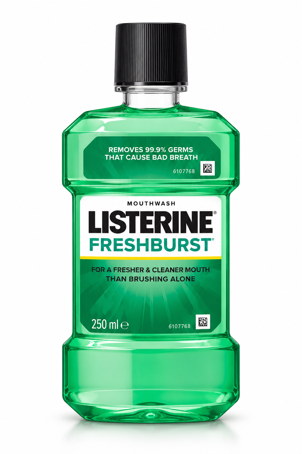 Listerine Freshburst Mouthwash 250ml in a transparent green bottle with a black cap, bold Listerine branding, green Freshburst label and yellow accent stripe.